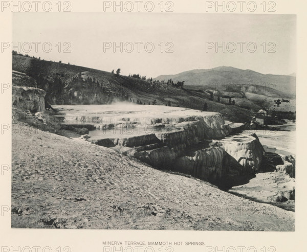 Minerva terrace, Mammoth hot springs, page, photomechanical print, photographer: Frank Jay Haynes, Yellowstone National Park, cliché maker: The Photo-gravure Co., New York (city), c. 1886 - in or before 1891, North America, paper, collotype, photoprint, height 164 mm x width 216 mm, hot spring, geyser, A wide landscape photograph showing layered mineral terraces with smooth, rounded edges and shallow pools, a steep rocky foreground slope leading down to the terraces, steam rising gently from some pools, a tree-covered hillside in the midground with scattered trees along the ridge, distant rolling mountains under a pale sky, and a small cluster of buildings near the right edge of the terraces.