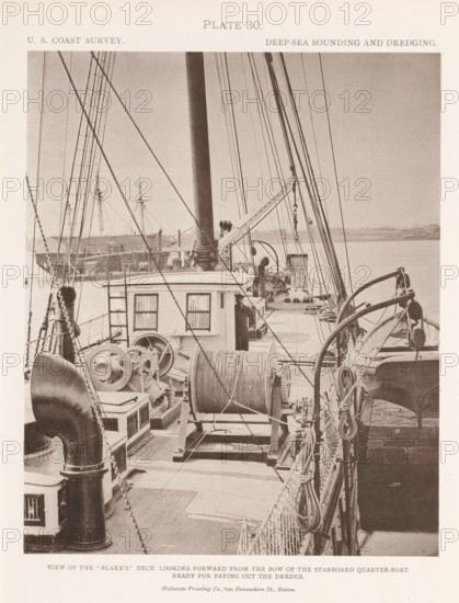 View of the deck of the George S. Blake, page, photomechanical print, name: 'Heliotype Printing Co., 220 Devonshire St., Boston.', inscription: 'View of the 'Blake's' deck looking forward from the bow of the starboard quarter-boat. Ready for paying out the dredge.', number: 'Plate 30.', United States of America, printer (person): Heliotype Printing Company, Boston (Massachusetts), c. 1870 - in or before 1880, Heliotype Printing Company, printer (person), North America, Massachusetts, paper, collotype, photoprint, height 200 mm x width 165 mm, ships (in general), A sepia-toned photograph showing the deck of a ship with a central mast, rigging, and multiple ropes and chains running vertically and diagonally across the frame, a large spool of cable mounted on a wooden cradle near the center, mechanical winches and pulleys, a small deckhouse with curtained windows, coiled ropes and fenders along the rail, davits holding a boat secured on the starboard side, metal vents and chimneys, a crew...