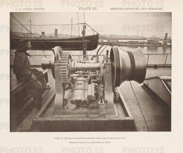Hoisting engine on the deck of the George S. Blake, page, photomechanical print, name: 'Heliotype Printing Co., 220 Devonshire St., Boston.', inscription: 'View of the main hoisting engine from the starboard side.', number: 'Plate 33.', United States of America, printer (person): Heliotype Printing Company, Boston (Massachusetts), c. 1870 - in or before 1880, printer (person), North America, Massachusetts, paper, collotype, photoprint, height 153 mm x width 209 mm, drawing, pulling something, ships (in general), machines, engines, crafts and industries, A sepia-toned photograph showing a ship deck with a large mechanical hoisting device in the foreground, featuring visible gears, a cylindrical drum with coiled cable, pipes, bolts, and metal fittings; a man in work clothes and a cap sits to the left on a bench facing right; behind the machinery a lifeboat is suspended above the water, with ropes and rigging extending upward; a railing with a diamond-patterned metal mesh runs along the e...