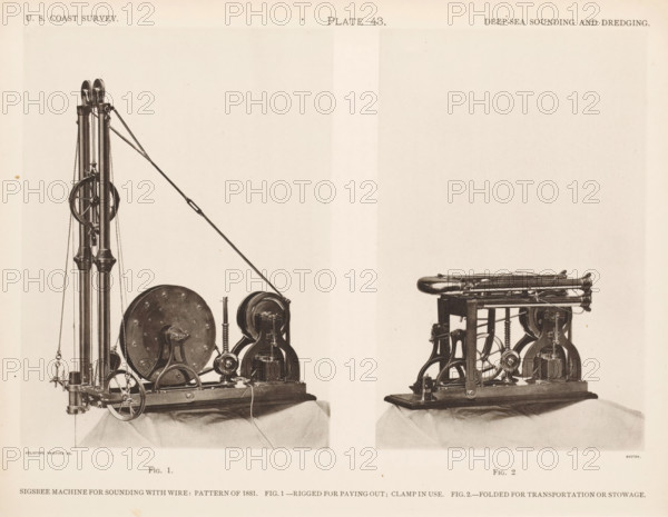 Sigsbee sounding machine, page, photomechanical print, Left the machine unfolded, right the machine folded., inscription: 'Sigsbee machine for sounding with wire: pattern of 1881. Fig. 1.-Rigged for paying out, clamp in use. Fig. 2.-Folded for transportation or stowage.', number: 'Plate 43. Fig. 1. Fig. 2.', United States of America, printer (person): Heliotype Printing Company, Boston (Massachusetts), c. 1870 - in or before 1880, printer (person), North America, Massachusetts, paper, collotype, photoprint, height 227 mm x width 293 mm, machines, engines, crafts and industries, fathoming, sounding, A sepia-toned photograph shows two ornate mechanical devices placed side by side on a draped surface against a plain backdrop. The left device features tall vertical columns with pulleys and cables, a large circular wheel with rivets, gears, spoked wheels, and a slender arm extending diagonally upward. The right device is more compact with curved metal supports, exposed gears, springs, and a...