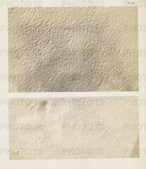 Two images of raindrop prints on sandstone, page, number: 'Pl. 46.', United States of America, c. 1850 - in or before 1861, photographer, North America, paper, salted paper print, height 295 mm x width 240 mm, Photo in back section of book., rain, foot-print, track, A vertically oriented image showing two adjacent rectangular panels with textured surfaces; the upper panel displays a rough, pebbled texture with irregular small depressions and raised areas in a muted beige tone, while the lower panel shows a lighter, smoother textured surface with shallow circular depressions and faint variations in shading, both panels are framed by a wide off-white border with slight discoloration and small spots.