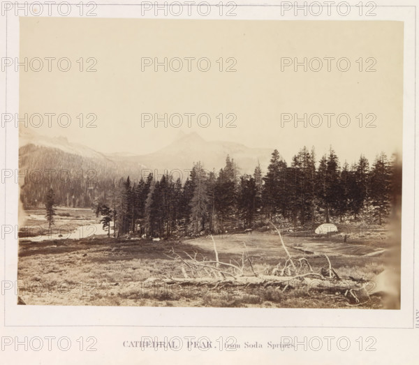 Cathedral Peak, from Soda Springs, View of Cathedral Peak in California, photograph, page, number: 'XXVII.', photographer: W. Harris, California, c. 1860 - in or before 1868, North America, paper, albumen print, height 156 mm x width 208 mm, mountains, A sepia-toned landscape photograph showing a wide meadow in the foreground with patches of grass and low vegetation and a large fallen tree with exposed branches lying across the ground, a stand of tall evergreen trees rising behind the meadow and forming a dark vertical band, a gently flowing river or stream winding through the left middle ground with small trees along its banks, distant hazy mountains and a prominent peaked mountain visible above the treeline under a pale, mostly clear sky, and a large rounded boulder near the edge of the treeline.