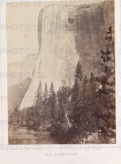 El Capitan, View of El Capitan in the Yosemite Valley, photograph, page, number: 'III.', photographer: Carleton E. Watkins, Yosemite Valley, c. 1860 - in or before 1868, North America, California, paper, albumen print, height 207 mm x width 155 mm, mountains, rock-formations, dale, valley, A sepia-toned photograph showing a steep vertical rock face rising from a forested valley, with tall conifer trees in the foreground and a river flowing at the base of the trees; the cliff surface shows lighter and darker textured rock sections and a rounded top with sparse trees along the rim; the foreground includes a mix of tree types with visible trunks and branches, underbrush, and a reflective water surface with a small sandy or rocky bank; the image is bordered by a pale margin.