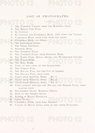 The Yosemite book : a description of the Yosemite Valley and the adjacent region of the Sierra Nevada, and of the big trees of California, book, name: 'Dupl. Sold, ...Caro... Librarian.', name: 'City Library Springfield Mass.', writer (clerical worker): Josiah Whitney, publisher: Julius Bien, New York (city), 1868, writer (clerical worker), North America, pasteboard, biological material, paper, leather, albumen print, stone marbled paper, printing, height 305 mm x width 245 mm x thickness 45mm, A pale, aged paper sheet with a centered heading area near the top and a vertical list of evenly spaced lines filling the upper two thirds of the page, printed in a dark serif type that contrasts with the paper; the left margin shows a faint numerical column beside the list, and the right side of the list extends into the center of the page leaving wide blank margins on both sides; the paper has a slightly warm, off-white tone with small scattered specks and faint age spots, and the lower portio...