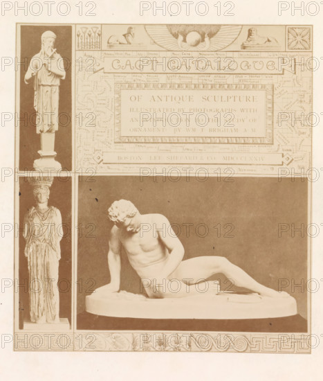 Cast Catalog of Antique Sculpture, Three casts of antique sculptures, photograph, page, photographer: HG Smith, photographer: HW Tupper, c. 1864 - in or before 1874, paper, albumen print, height 185 mm x width 168 mm, Photo for title page., piece of sculpture, reproduction of a piece of sculpture, A sepia-toned print showing a framed layout of classical sculptures and decorative borders, with a central photograph of a reclining nude male marble statue on an oval base, head tilted downward and one arm supporting the torso, flanked by vertical panels containing standing draped female statues on pedestals; the top area features a rectangular decorative panel with ornamental bands and small sculptural vignettes including a sphinx and a reclining lion, and the bottom border displays repeating classical motifs such as spirals, palmettes, and a geometric meander pattern.