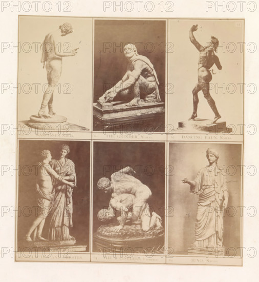 Six casts of ancient sculptures including the Dancing Faun, the Wrestlers and Juno, photograph, page, inscription: '60 Narcissus Naples. 61 The grinder Naples. 62 Dancing Faun Naples. 63 Electra and Orestes. 64 The Wrestlers Florence. 65 Juno Naples.', photographer: HG Smith, photographer: HW Tupper, c. 1864 - in or before 1874, paper, albumen print, height 184 mm x width 170 mm, piece of sculpture, reproduction of a piece of sculpture, satyrs, fauns, Sileni, A faded sepia page divided into six framed panels showing photographs of classical sculptures, with three panels across two rows; top left shows a standing nude figure viewed in profile with a rounded base, top center shows a crouching male statue with muscular arms and a rectangular plinth, and top right shows a dynamic figure stepping forward with one arm raised and a small base beneath the feet; bottom left shows two figures in close embrace with draped clothing on one and partial nudity on the other, bottom center shows two wr...