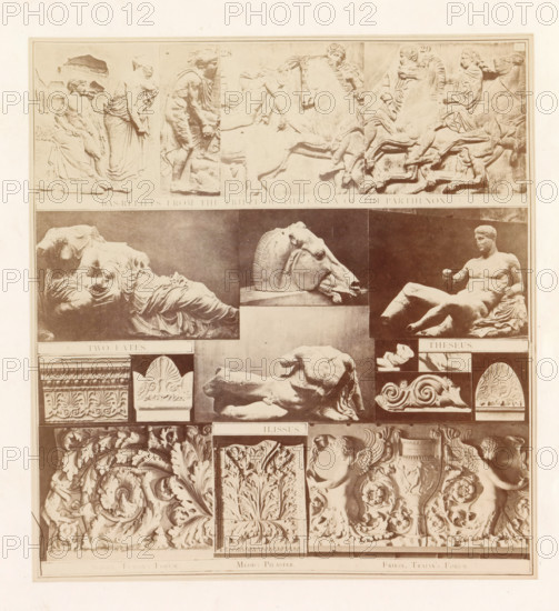 Casts of ancient sculptures and building fragments including a piece of the frieze of the Parthenon, photograph, page, inscription: 'Bas Relief from the Frieze of the Cella of the Parthenon Two Eates Theseus Ilissus, ', photographer: HG Smith, photographer: HW Tupper, c. 1864 - in or before 1874, paper, albumen print, height 185 mm x width 171 mm, piece of sculpture, reproduction of a piece of sculpture, stylistic and formal differentiation of art, A large sepia-toned sheet displays a grid of photographic reproductions of sculpted reliefs and carved architectural fragments arranged in horizontal rows, showing reclining draped figures, a sculpted horse head on a plinth, a seated nude male figure holding a small object, ornamental acanthus foliage panels, carved volute and floral motifs, small detached fragments of sculpted limbs and decorative rosettes, and repeated sections of carved borders and capitals, all presented against a pale background with narrow framing lines around the comp...