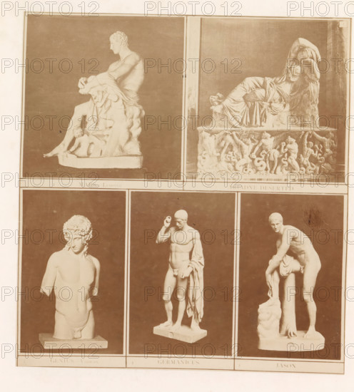 Five casts of ancient sculptures including the sleeping Ariadne from the Vatican Museums, photograph, page, inscription: '1 Mars, Ludovisi. 2 Ariadne deserted. 3 Genius. Vatican. 4 Germanicus. 5 Jason.', photographer: HG Smith, photographer: HW Tupper, c. 1864 - in or before 1874, paper, albumen print, height 185 mm x width 171 mm, piece of sculpture, reproduction of a piece of sculpture, A photographic print showing six framed images of classical marble sculptures arranged in a grid, with a narrow border separating each image; the top left frame shows a seated male figure draped in cloth with a small child-like figure at his feet and a rocky base, the top right frame shows a reclining female figure draped in flowing fabric atop an ornately carved base decorated with small figures and serpentine forms; the middle left frame shows a torso and head of a youthful male bust with curly hair and a missing arm, the middle center frame shows a standing nude male figure holding a drapery over o...