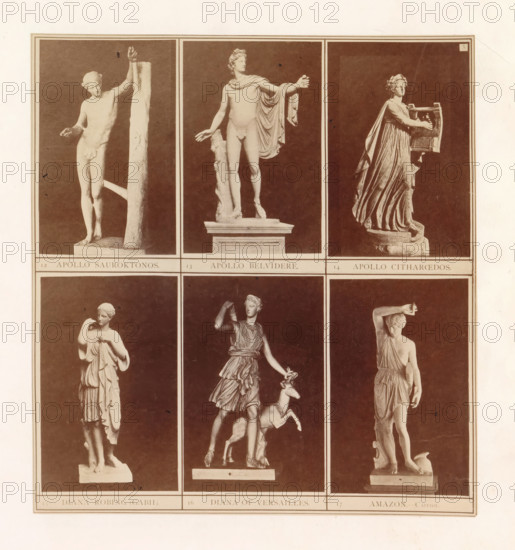 Six casts of ancient sculptures of Apollo, Diana and an Amazon including the Apollo Belvedere and the Diana of Versailles, photograph, page, inscription: '12 Apollo Sauroktonos. 13 Apollo Belvidere. 14 Apollo Citharoedos. 15 Diana Robing (Gabh) 16 Diana of Versailles. 17 Amazon. Capitol.', photographer: HG Smith, photographer: HW Tupper, c. 1864 - in or before 1874, paper, albumen print, height 180 mm x width 167 mm, piece of sculpture, reproduction of a piece of sculpture, (story of) Diana (Artemis), (story of) Apollo (Phoebus), A vertical print showing six sepia-toned photographs of classical marble statues arranged in a two-by-three grid, each statue set against a dark background with a light border around each panel; the top row includes a slender nude male leaning on a tall tree trunk, a standing nude male draped with a cloak over one shoulder and a support at his leg, and a robed female figure holding a rectangular musical instrument; the bottom row shows a robed female with one ...
