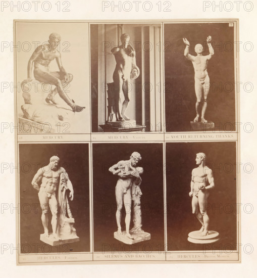 Six casts of ancient sculptures of Mercury, Hercules and Silenus with the child Dionysos, photograph, page, inscription: '18 Mercury. 19 Mercury Vatican. 20 Youth returning thanks. 21 Hercules Farnese. 22 Silenus and Bacchus. 23 Hercules British Museum.', photographer: HG Smith, photographer: HW Tupper, c. 1864 - in or before 1874, paper, albumen print, height 186 mm x width 171 mm, piece of sculpture, reproduction of a piece of sculpture, (story of) Hercules (Heracles), (story of) Mercury (Hermes), A vertically oriented sheet showing a grid of rectangular panels each containing photographic images of classical marble statues; the top row features three panels with a seated male figure on a rock in the left panel, a standing male figure with a draped cloth and a circular object in the middle panel, and a standing male figure with both arms raised in the right panel; the lower row of visible panels shows three full-length male figures each on individual plinths or bases, the left one ho...