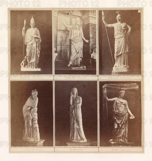 Six casts of ancient sculptures of women including Pallas Athena and Juno, photograph, page, inscription: '30 Pallas Giustiniani. 31 Pallas Velletri. 32 Pallas Glyptothek. 33 Polyhymnia. 34 Pudicitia. 35 Juno Barbarini.', photographer: HG Smith, photographer: HW Tupper, c. 1864 - in or before 1874, paper, albumen print, height 185 mm x width 171 mm, piece of sculpture, reproduction of a piece of sculpture, (story of) Juno (Hera), (story of) Minerva (Pallas, Athena), A sepia-toned print divided into panels showing six classical marble statues, each framed by thin rectangular borders; the top row features three standing female figures draped in flowing robes, two holding long spears and one with an arm raised, with a coiled serpent at the base of the left statue and a marble interior backdrop behind the center statue, while the right statue stands with one hand on its hip; the bottom row shows three additional female statues, the left leaning against a rough column and wrapped in drapery...