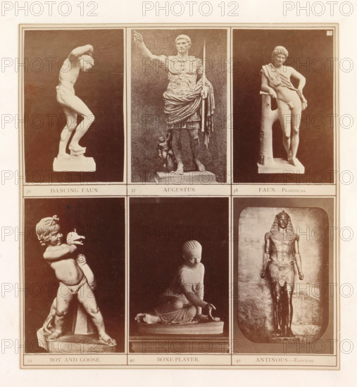 Six casts of ancient sculptures of fauns, Augustus, Antinous and children at play including the Resting Satyr of Praxiteles, photograph, page, inscription: '36 Dancing faun. August 37. 38 Faun-Praxiteles. 39 Boy ans Goose. 40 Bone player. 41 Antinous-Egyptian.', photographer: HG Smith, photographer: HW Tupper, c. 1864 - in or before 1874, paper, albumen print, height 182 mm x width 168 mm, piece of sculpture, reproduction of a piece of sculpture, child playing with animals, satyrs, fauns, Sileni, A vertical photographic plate showing three rows of framed images of sculptures arranged in three columns, with the top row featuring a left statue of a nude male figure in a bent pose standing on a small plinth against a dark background, a central statue of an armored male figure in a raised-arm stance holding a spear with a small child figure at his feet, and a right statue of a reclining-leaning nude male figure resting an arm on a tree-like support; the middle row shows a left sculpture of...