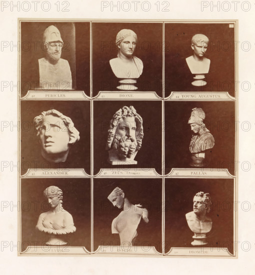 Nine casts of ancient busts including Dione, Zeus, Pallas Athena and Psyche, photograph, page, inscription: '42 Pericles. 43 Dione. 44 Young August. 45 Alexander. 46 Zeus-Otricoli. 47 Pallas. 48 Glythe. 49 Psyche. 50 Diomede.', photographer: HG Smith, photographer: HW Tupper, c. 1864 - in or before 1874, paper, albumen print, height 185 mm x width 171 mm, piece of sculpture, reproduction of a piece of sculpture, chest, bust, A vertically oriented sepia-toned print divided into a grid of rectangular panels, each panel showing a bust or sculpted torso photographed against a dark background; the top row includes three classical busts with varied hairstyles and headgear, the second row shows a large upward-gazing head, a bearded head with flowing hair, and a helmeted figure in profile, the third row displays a feminine bust, a partially missing torso turned in three-quarters view, and a male bust with a turned face, all mounted on small plinths and framed by light borders on a pale paper s...