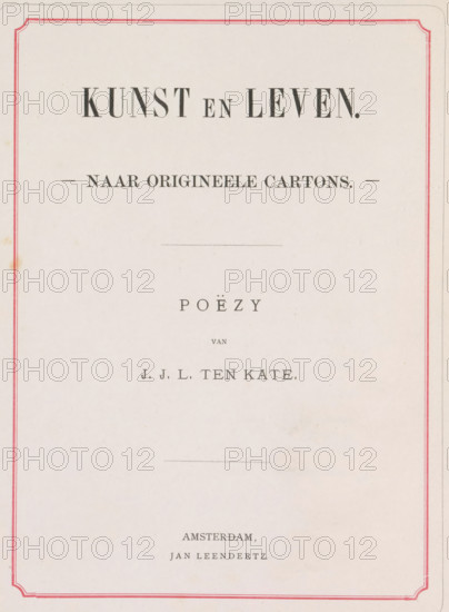 Art and life, book, writer (clerical worker): Jan Jakob Lodewijk ten Kate, publisher: Jan Leendertz, Amsterdam, c. 1878, writer (clerical worker), textile materials, pasteboard, paper, linen (material), albumen print, height 312 mm x width 240 mm x thickness 20 mm, A vertical page with a thin decorative red border near the edges on a light beige background, containing several horizontal groupings of dark gray printed lines and small ornamental marks spaced down the center, with faint age spots and slight discoloration on the paper.