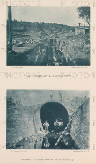 South Yonkers cut no. 18 looking north, Aqueduct at South Yonkers cut, section no. 9, page, photomechanical print, photographer: Preston K. Yates, Yonkers, photographer: Hall & Son, George P., cliché maker: The Photo-gravure Co., New York (city), c. 1883 - in or before 1887, North America, paper, collotype, photoprint, height 345 mm x width 272 mm, building-site, aqueduct (, water supply), A vertical image shows two separate rectangular photographic scenes stacked with a wide margin between them. The upper scene depicts a wide excavation site with uneven earth, scattered construction debris, wooden planks, barrels, and tools surrounding a narrow trench that runs toward a circular tunnel entrance with a ladder propped against it; a few men stand on the trench edges and on wooden scaffolding, and low rolling hills and sparse trees form the distant background under a pale sky. The lower scene shows a brick-lined arched tunnel opening set into an earthen and stone cut, with several men sta...
