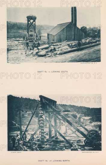 Shaft no. 12b, looking north, Shaft no. 10, looking south, page, photomechanical print, photographer: Saul Davis, New York, cliché maker: The Photo-gravure Co., c. 1883 - in or before 1887, North America, paper, collotype, photoprint, height 345 mm x width 272 mm, shafts and galleries (of a mine), The image shows two sepia-toned photographs printed on a sheet with wide margins; the upper photograph depicts a wooden structure with a pitched metal roof and a tall vertical chimney next to a timber hoist tower, scattered logs and rocks in the foreground, several men standing and sitting among the debris, and a wooded landscape behind. The lower photograph shows a large timber frame with diagonal supports and a ladder element, cables and machinery nearby, logs and equipment on the ground, and workers clustered at the base of the frame with trees and small buildings visible in the background.