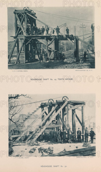 Headhouse, Shaft No. 29 Tenth Avenue, Shaft No. 30, page, photomechanical print, photographer: CVV Powers, New York, cliché maker: The Photo-gravure Co., c. 1883 - in or before 1887, North America, paper, collotype, photoprint, height 345 mm x width 272 mm, building-site, working class, labourers, shafts and galleries (of a mine), The image shows two vintage black-and-white photographs placed one above the other on a light-colored page, each depicting a wooden headhouse structure with scaffolding and large pulleys, workers standing on and around the timber framework, a street with buildings and utility poles in the background, piles of stones or rubble on the ground, horse-drawn carts near the structures, and small groups of men posed in period clothing near the bases of the wooden constructions.