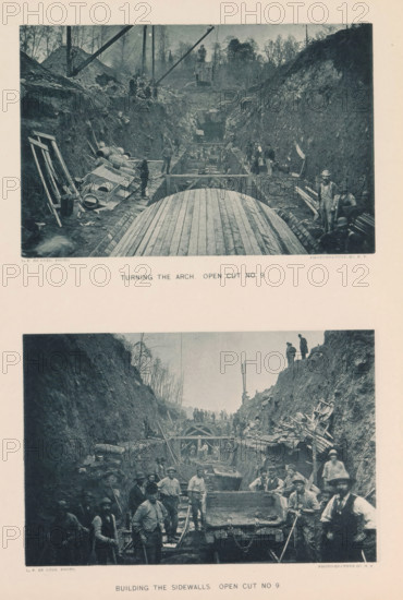 Building the sidewalls open cut no 9, Pocantico gate house. Looking east, page, photomechanical print, photographer: P. de Luze, New York, cliché maker: The Photo-gravure Co., c. 1883 - in or before 1887, North America, paper, collotype, photoprint, height 345 mm x width 272 mm, building-site, working class, laborers, A vertical page with two large black-and-white photographs showing a deep excavation flanked by steep earthen walls and scattered construction materials, the top photograph centered on a curved wooden structure spanning the trench with workers standing along narrow ledges and tools and barrels piled to one side, trees and a small wooden building visible at the far end and cranes or derricks rising above the site, the lower photograph showing many workers clustered in and around the trench with wooden beams and formwork, men holding shovels and other implements, piles of lumber and equipment on the slopes, and groups of figures standing on the rim of the cut overlooking th...