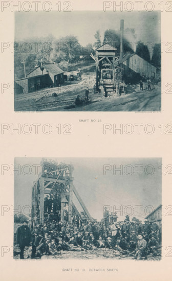 Shaft no 22, Shaft no 19 between shifts, page, photomechanical print, photographer: Hall & Son, George P., New York, cliché maker: The Photo-gravure Co., c. 1883 - in or before 1887, North America, paper, collotype, photoprint, height 345 mm x width 272 mm, building-site, working class, laborers, A faded photograph page shows two separate sepia-toned images positioned vertically on a pale background. The upper image depicts a rural industrial scene with timber-framed structures, a tall wooden headframe, a smokestack emitting a plume, surrounding wooden buildings, scattered logs and equipment on uneven ground, a few standing and seated workers near rails, and trees in the distant background. The lower image shows a large group of men clustered around and standing on a tall wooden derrick structure, with many men seated or crouched in the foreground, some standing on beams and platforms, and additional buildings and open sky visible at the edges.