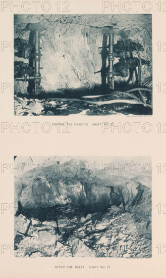 After the blast. No 23, Driving the heading shaft no 23, page, photomechanical print, photographer: Preston K. Yates, New York, cliché maker: The Photo-gravure Co., c. 1883 - in or before 1887, North America, paper, collotype, photoprint, height 345 mm x width 272 mm, underground road, tunnel, A faded photographic print shows two rectangular images stacked vertically on a light background, each framed by a thin border and separated by blank space; the upper image depicts a rough rock tunnel with two vertical metal drill rigs or supports anchored to the floor and ceiling, hoses and cables lying across a rocky ground, and textured rock faces with striations surrounding the equipment, while the lower image shows a cavernous rock chamber with a curved, scalloped ceiling, a rubble-strewn floor of broken stones and slabs, scattered pieces of timber or metal, and irregular rocky walls illuminated unevenly.
