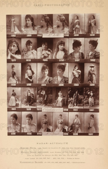 Thirty portraits of Nellie Melba, Sigrid Arnoldson and Marthe Brandès in various theater roles, page, photomechanical print, number: '8443, 8447', inscription: 'Madame Melba Dans Roméo et Juliette, Madame Sigrid Arnoldson Dan Mignon, Dans le Barbier de Séville, Dans Lakmé, Mademoiselle Brandès, ', photographer: Félix Nadar, cliché maker: Pierre Patin, Paris, c. 1881 - in or before 1891, paper, Woodburytype, Woodburytypie, height 166 mm x width 125 mm, Person, Marthe Brandès, Sigrid Arnoldson, Nellie Melba, stage costume, portrait of opera-singer, A sepia-toned photographic contact sheet with rows of portrait and full-length studio photographs of women arranged in a grid, each image separated by horizontal strips; the women wear a variety of late nineteenth-century dresses, some with lace, ruffles, fur stoles, or decorative headpieces, and appear in different poses including facing forward, in profile, seated, and standing; several images show women holding props or standing beside orna...