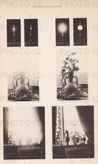 Eight shots of four objects with and without halo, page, photomechanical print, inscription: '1.3.5.7. avec Halo. - 2.4.6.8 sans Halo.', cliché maker: Michel Berthaud, Paris, c. 1881 - in or before 1891, photographer, paper, collotype, photoprint, height 260 mm x width 170 mm, nimbus, halo, radiance emanating from persons or things, A vertically oriented page shows a grid of photographic prints arranged in rows, each print contained within a rectangular frame. At the top are four small dark rectangles showing a lamp with a tall glass chimney and a glowing flame or bulb in various exposures against a black background. Below and centered on the page are two larger still-life photographs of a rounded ceramic vase with two loop handles, filled with flowers and surrounded by foliage and blossoms, the left image appearing more faded and the right image clearer with distinct petals and leaves. Further down are two tall vertical images of a window scene with ornate trim and a collection of dec...