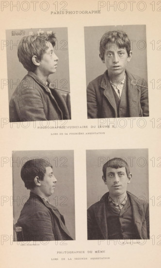 Portraits of a young criminal, made after his first and after his second arrest, page, photomechanical print, inscription: 'Photographie judiciaire du jeune 1881 - in or before 1891, Michel Berthaud, photographer, cliché maker, Paris, paper, collotype, photoprint, height 260 mm x width 170 mm, Print after page 102., youth, adolescent, arrest (of criminal), A vertical sheet showing four black-and-white portrait photos of two young males arranged in a two-by-two grid, each pair including a profile view on the left and a frontal view on the right; the top pair shows a youth with tousled hair wearing a jacket and a collared shirt, the profile view facing right and the frontal view looking forward with a neutral expression, a small rectangular tag is held near his shoulder in both images; the bottom pair shows another youth with short straight hair wearing a jacket and a patterned shirt, the profile view facing right and the frontal view looking forward with a slight closed-mouth expression...