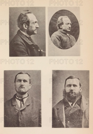 Four portraits of two criminals, with and without beards, page, photomechanical print, Two frames have been cut from the flyleaf to reveal part of the lower portraits., inscription: 'Profils du Nommé Z., Portraits de face Nommé Y. avec et sans babre., ', clichémaker: Michel Berthaud, Paris, c. 1881 - in or before 1891, photographer, paper, collotype, photogravure, height 260 mm x width 170 mm, Print for page 103., criminals, A faded page shows four black-and-white portrait photographs arranged in a two-by-two layout with two images at the top and two below, separated by blank space. The top left portrait is a profile of a man facing right with short hair and a mustache and beard, wearing a dark coat and collared shirt. The top right portrait is an oval-framed image of a man facing left with wavy hair and a high-necked textured coat. The lower left portrait shows a frontal view of a clean-shaven man looking slightly upward, wearing a coat with a visible collar and a loosely tied neckclo...