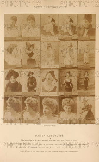 Twenty portraits of Emma Eames, Jeanne Demarsy, Francine Decroza and another actress, photograph, page, number: '8438, 7590', inscription: 'Mademoiselle Eamès, Mademoiselle Dermarsy, Mademoiselle Decroza, Miss Careiw, ', photographer: Félix Nadar, Paris, c. 1881 - in or before 1891, paper, albumen print, albumendruk, height 164 mm x width 137 mm, Person, Emma Eames, portrait of actor, actress, portrait of opera-singer, A sepia-toned poster showing a grid of portrait photographs of women arranged in rows and columns with narrow borders between each image, featuring a variety of poses and outfits including hats, fans, dresses, and a few seated or standing full-length views, with visible aging spots and flecks across the surface and a plain border around the composition.