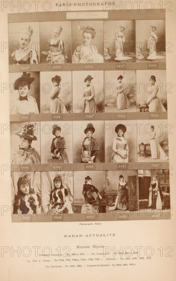 Twenty portraits of Gabrielle Réjane in theater costumes, photograph, page, number: '2828, 3619 b.', inscription: 'Madame Réjane Pierrot Assassin, Ma Camarade, La Vie a Deux, Décoré, Ma Cousine, ', photographer: Félix Nadar, Paris, c. 1881 - in or before 1891, paper, albumen print, height 173 mm x width 130 mm, Person, Gabrielle Réjane, portrait of actor, actress, stage costume, A vertically oriented sepia photographic sheet displaying a grid of portrait photographs of a single woman in various costumes and poses, arranged in rows and columns with narrow horizontal bands separating the rows; the top row shows three close bust and torso portraits and two full-length portraits of the woman in elaborate period dress and hair ornaments, each image framed by a thin border; the second and third rows feature three-quarter and full-length views of the woman wearing high-necked dresses and hats, sometimes holding a walking stick or leaning on a small table, with studio backdrops suggesting drap...