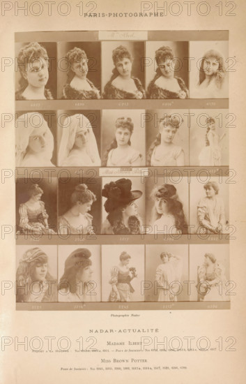 Twenty portraits of Cora Urquhart Brown-Potter and Madame Ilbert, photograph, page, number: '6895, 6386.', inscription: 'Madame Ilbert Riquet a la Houppe, Miss Brown Potter Poses de fantasy, ', photographer: Félix Nadar, Paris, c. 1881 - in or before 1891, paper, albumen print, height 171 mm x width 131 mm, Person, Cora Urquhart Brown-Potter, portrait of actor, actress, stage costume, A vertically oriented sepia-toned photographic collage shows rows of portrait-style head-and-shoulder and half-length images of women arranged in a grid with narrow bands separating rows. The top of the page has a centered heading in capital letters. Each rectangular portrait varies in pose and gaze, with some women facing forward, some in profile, and others angled slightly; hairstyles range from short curls to long flowing hair, some adorned with hats, ribbons, or veils, and a few wear fur stoles, lace, or period-style dresses with puffed sleeves and decorative trims. The backgrounds behind the portrait...
