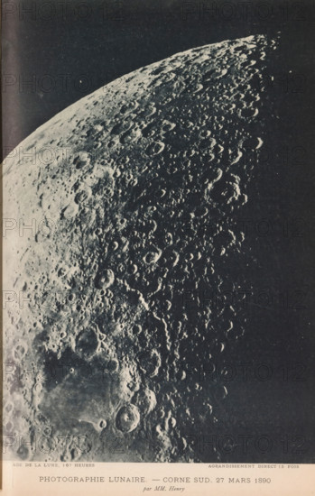 View of part of the moon's surface, Photographie lunaire - corne sud. 27 mars 1890, page, photomechanical print, inscription: 'age de la lune, 167 heures agrandissement direct 15 fois', photographer: Paul-Pierre Henry, France, cliché maker: Michel Berthaud, 1890-03-27, Paul-Pierre Henry, Michel Berthaud, photographer, cliché maker, paper, collotype, photoprint, height 220 mm x width 153mm, surface of the moon, A close-up black-and-white photograph of a heavily cratered lunar surface filling most of the frame, showing a curved terminator at the top left and a dense field of overlapping circular depressions with raised rims casting shadows, the lighting emphasizing texture and depth across rough, pockmarked terrain, with a dark empty background on the right and a narrow printed border visible along the bottom edge.