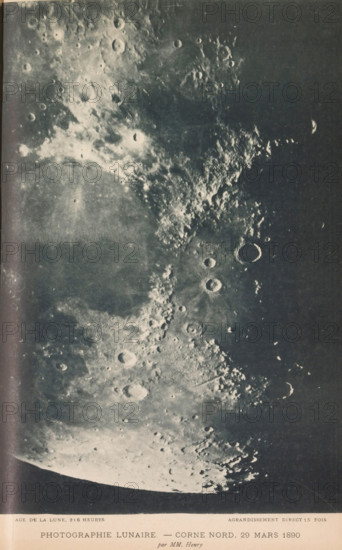 View of part of the moon's surface, Photographie lunaire - corne nord. 29 mars 1890, page, photomechanical print, inscription: 'age de la lune, 216 heures agrandissement direct 15 fois', photographer: Paul-Pierre Henry, France, cliché maker: Michel Berthaud, 1890-03-29, Paul-Pierre Henry, Michel Berthaud, photographer, cliché maker, paper, collotype, photoprint, height 224 mm x width 158mm, surface of the moon, A grayscale close-up photograph of a cratered lunar surface showing a wide expanse of overlapping circular depressions and raised rims, with rough, textured regions of ejecta and bright highlights contrasting darker smooth plains; the image includes varied crater sizes, sharp shadows inside many rims, scattered small bright spots, and a curved limb of the lunar disk at the lower edge.