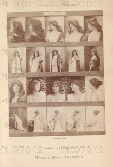 Twenty portraits of Mary Anderson, Madame Mary Anderson, photograph, page, number: '5143B, 5141B.', photographer: Félix Nadar, Paris, c. 1881 - in or before 1891, paper, albumen print, albumendruk, height 171 mm x width 131 mm, Person, Mary Anderson, portrait of actor, actress, stage costume, A vertical sheet showing a grid of sepia-toned portrait and half-length photographs arranged in rows, each image framed by thin borders and separated by horizontal strips, featuring a woman in various poses and profiles wearing flowing light-colored dresses and shawls or draped fabrics, with loose wavy hair styled differently across the photos; some images show her facing forward, some in three-quarter view, and some in full profile, with a range of facial directions and hand positions, set against plain or patterned backdrops, and a larger blank margin below the grid.