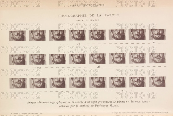 Sequence of mouth shapes when pronouncing 'Je vous aime', Photographie de la parole, images chromophotographiques de la bouche d'un jet prononcant la phrase: 'Je vous aime' obtenues par la method du Professeur Marey, page, photomechanical print, inscription: 'Nombre d'Images per second: 12. Temps de pose pour chaque image: 1, 700 de second environ', photographer: Georges Demenÿ, France, cliché maker: anonymous, c. 1881 - in or before 1891, paper, collotype, photoprint, height 170 mm x width 260 mm, Page opposite page 306., speaking, mouth, A pale page with rows of small square monochrome photographs showing a man's lower face and mouth in various expressions, arranged in horizontal sequences, with dashed lines and occasional short words centered beneath some rows, and a centered title area near the top with a few lines of printed text.