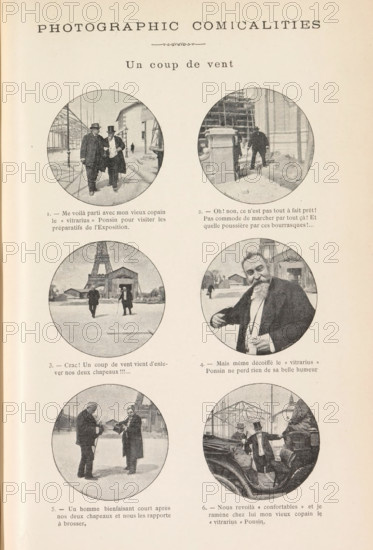 Cartoon about two men who lose their hats during a storm, Un coup de vent, page, photomechanical print, number: '1., 6.', inscription: 'Photographic comicalities', inscription: 'Me voilà, le 'vitrarius' Ponsin.', maker: Michelet, M., France, c. 1881 - in or before 1891, paper, autotypie, height 259 mm x width 170 mm, Page opposite page 322., head-gear: top hat, storm, A page with a title at the top and a subtitle beneath a decorative flourish, containing six circular black-and-white photographs arranged in two columns and three rows, each showing men outdoors in a snowy or construction setting; the top left circle shows two men in coats and hats walking together on a paved area with metal framework visible in the background, the top right circle shows a man standing near a stone balustrade with scaffolding and architectural details behind him, the middle left circle shows two figures walking on a flat snowy expanse with a tall tower structure in the background, the middle right circle ...