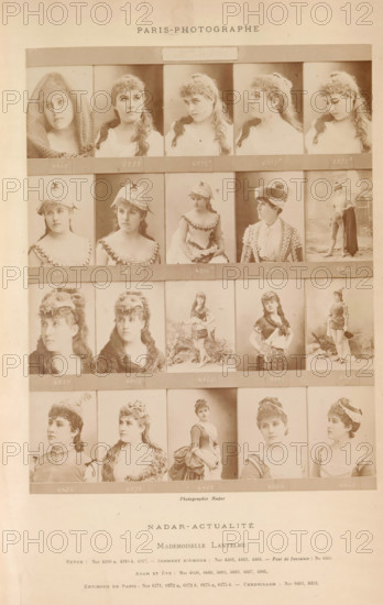 Twenty portraits of Marie Lantelme, Mademoiselle Lantelme, photograph, page, number: '4465, 4463.', inscription: 'Revue, Environs de Paris, ', photographer: Félix Nadar, Paris, c. 1886 - in or before 1891, paper, albumen print, albumendruk, height 178 mm x width 138 mm, Person, Marie Lantelme, portrait of actor, actress, stage costume, A sepia-toned sheet shows a grid of portrait and figure photographs of a young woman in various poses and costumes, arranged in several horizontal rows separated by narrow bands; the images include head-and-shoulder views, three-quarter profiles, full-length poses, and the subject wearing different hats, headpieces, and garments such as dresses with ruffles, a cloak, and a fur-lined wrap, with some shots showing the subject looking directly at the camera and others showing sideward or downward gazes; decorative studio backdrops, props, and a variety of facial expressions are visible across the frames, and a centered caption area appears beneath the grid ...