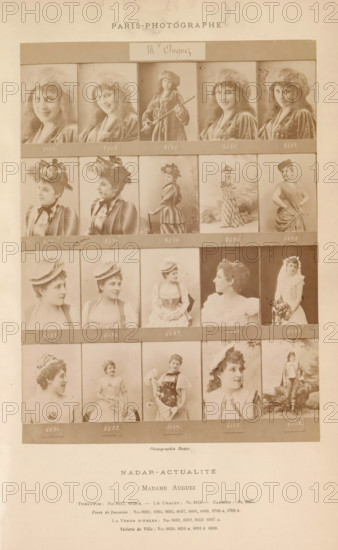 Madame Auguez, Twenty portraits of Mathilde Auguez, photograph, page, inscription: 'Turlupin, La Venus d'Arles, ', number: '8705, 6138.', photographer: Félix Nadar, Paris, c. 1881 - in or before 1891, Félix Nadar, photographer, paper, albumen print, height 177 mm x width 131 mm, portrait of actor, actress, stage costume, A sepia-toned photographic sheet displaying a grid of portrait and full-length images of women arranged in rows and columns, each image showing a different pose and costume; many women wear hats or headpieces, some wear fur hats, others have floral or ribboned hats, and one wears a veil and holds a bouquet; outfits range from flowing dresses to tailored jackets and skirts, with visible ruffles, bows, and layered fabrics; facial expressions vary from smiling to neutral, with most subjects shown from shoulders upward or in three-quarter and profile views, and a few shown full length standing or seated holding props such as a cane or a fan; thin horizontal bands separate ...