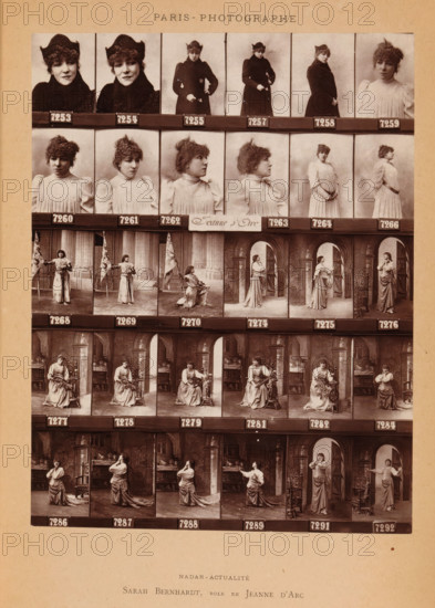 Thirty portraits of Sarah Bernhardt as Joan of Arc, Sarah Bernhardt, role de Jeanne d'Arc, page, photomechanical print, number: '7253, 7292', photographer: Félix Nadar, cliché maker: Pierre Patin, Paris, c. 1881 - in or before 1891, Félix Nadar, Pierre Patin, photographer, cliché maker, paper, Woodburytype, height 166 mm x width 128 mm, Person, Joan of Arc (Jeanne d'Arc), possible attributes: armor, banner, lance, sword, A sepia-toned photographic contact sheet mounted on a lighter backing showing rows of portrait and theatrical posed images of a woman in varied costumes and poses; the top row features head-and-shoulder portraits with the woman wearing a dark coat and hat, the next rows show three-quarter and full-length views of the woman in a light, high-collared dress with puffed sleeves and in a long robe or gown in staged interior and doorway settings, and several images depict her holding a flag or kneeling; the sheet contains small dark rectangular plaques beneath many images an...