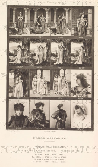 Sixteen portraits of Sarah Bernhardt, page, photomechanical print, inscription: 'Théatre de la Renaisscance. - Phèdre et Izeïl.', number: '11782, 11565', photographer: Félix Nadar, Paris, cliché maker: Dujardin, France, printer (person): Charles Wittmann, c. 1884 - in or before 1894, printer (person), paper, photoaquatint, height 159 mm x width 112 mm, Person, Sarah Bernhardt, portrait of actor, actress, A tall rectangular sheet shows a grid of small sepia photographic portraits and stage scenes arranged in rows, each framed by dark borders; the top row features theatrical scenes with ornate columns and dressed figures in flowing costumes, the next rows show women in long draped gowns posed against natural and architectural backdrops, and several close-up head-and-shoulder portraits appear in the lower rows with varied hats, veils, and hairstyles; beneath the image grid there is a wide blank margin with a title area and additional small printed lines.