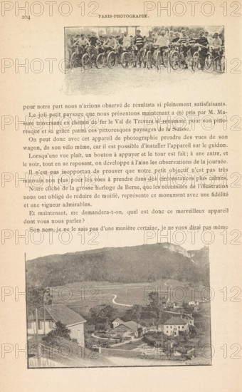 Group of men with bicycles and a view over a valley with houses, page, photomechanical print, photographer: anonymous, France, cliché maker: Rougeron, Vignerot et Cie, c. 1884 - in or before 1894, paper, autotype, height 265 mm x width 170 mm, Prints on page 204., bicycle, housing, dale, valley, A vertical page with two black-and-white photographs and printed paragraphs between them, the top photograph showing a group of people standing behind bicycles in a line, many wearing hats and striped shirts, and the bottom photograph depicting a hilly landscape with houses, winding paths, and scattered trees, all rendered in a faded, old-fashioned photographic style.