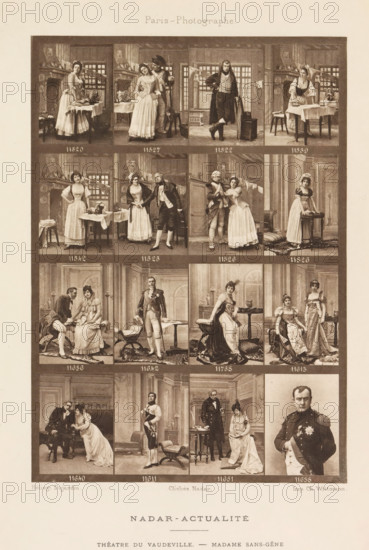 Sixteen portraits of actors and actresses, page, photomechanical print, From left to right: Gabrielle Rejane, M. Candé, Lérand, Mme Murcy, Mme Bl. Marcel, Mme Cochet, M. Grand, Mmes Drunzer and Verneuil, and M. Duquesne., number: '11520, 11638', inscription: 'Théatre du Vaudeville. - Madame sans-gêne', photographer: Félix Nadar, Paris, cliché maker: Dujardin, France, printer (person): Charles Wittmann, c. 1884 - in or before 1894, printer (person), paper, photoaquatint, height 155 mm x width 110 mm, Person, Gabrielle Réjane, portrait of actor, actress, A vertically oriented sepia-toned sheet displays a grid of rectangular photographic panels showing staged interior scenes with people in period clothing; each panel contains groups or individuals posed in rooms with furniture such as tables, chairs, stools, and decorative rugs, and with architectural elements like paneled walls, windows with mullions, and doorways. The figures are dressed in historical costumes including long dresses wit...