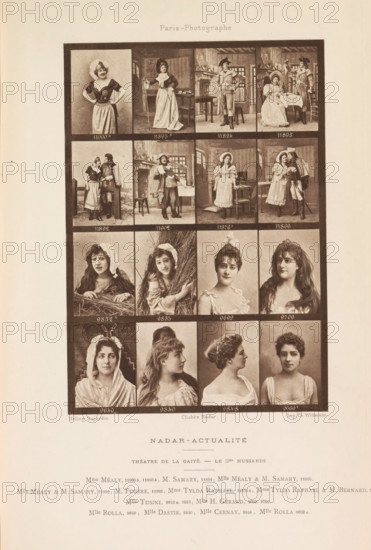 Sixteen portraits of actors and actresses, page, photomechanical print, From left to right: Juliette Méaly, M. Samary, Lucien Fugère, Mme Tylda Raphael, M. Bernard, Mlle Tusini, Mlle H. Gérard, Mlle Rolla, Mlle Dastie, Mlle Cernay., inscription: 'Théatre de la Gaité. - Le 3me Hussards.', number: '11900B, 9660A', photographer: Félix Nadar, Paris, cliché maker: Dujardin, France, printer (person): Charles Wittmann, c. 1884 - in or before 1894, printer (person), paper, photoaquatint, height 161 mm x width 113 mm, Person, Tylda Raphael, portrait of actor, actress, A rectangular collage of small sepia photographic portraits and staged scenes arranged in a grid with dark borders between each image, showing women and men in period costumes and varied poses; some frames depict full-length scenes of figures standing, sitting at a table, or interacting in interior settings with furniture and a fireplace, while other frames show head-and-shoulders portraits of young women with different hairstyles...