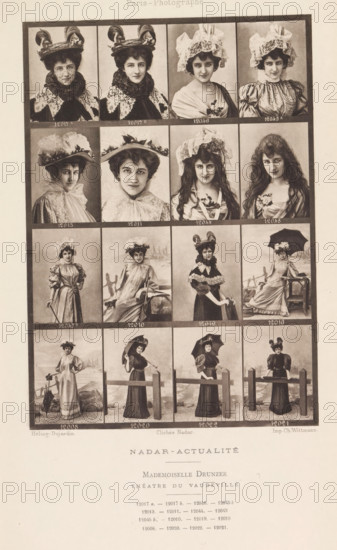 Sixteen portraits by Camille-Gabrielle Drunzer, page, photomechanical print, inscription: 'Théatre de Vaudeville', number: '12017A, 12021', photographer: Félix Nadar, Paris, cliché maker: Dujardin, France, printer (person): Charles Wittmann, c. 1884 - in or before 1894, printer (person), paper, photoaquatint, height 158 mm x width 110 mm, Person, Camille-Gabrielle Drunzer, portrait of actor, actress, A vertical sheet showing a grid of photographic portrait panels bordered in black, each panel containing a sepia-toned image of a young woman in period dress and various hats or headpieces, some with veils, ruffles, lace collars, parasols, or long flowing hair, arranged in rows and columns with narrow margins between panels; the top of the sheet has a faint printed heading, and below the grid there is a block of printed lines and a centered title line, followed by additional lines of small printed text near the bottom.
