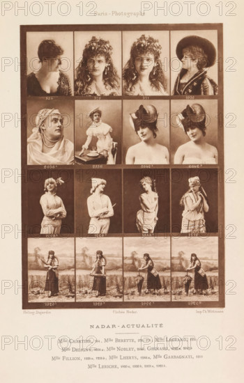 Sixteen portraits of actors and actresses, page, photomechanical print, From left to right: Mlle Chartier, Mlle Berette, Mlle Legrand, Mlle Deligny, Mlle Noblet, Ghinassi, Mlle Fillion, Mlle Lherys, Mlle Garbagnati, Mlle Leriche., number: '554, 1922B', photographer: Félix Nadar, Paris, cliché maker: Dujardin, France, printer (person): Charles Wittmann, c. 1884 - in or before 1894, printer (person), paper, photoaquatint, height 162 mm x width 115 mm, portrait of actor, actress, A sepia-toned sheet shows a grid of photographic portraits and small scene pictures framed by a dark border, arranged in rows and columns. The top portion contains head-and-shoulder portraits of women in vintage hairstyles and period clothing, some wearing hats, veils, or decorative headpieces, with varied expressions and poses, including profile views and frontal gazes. The central rows include more portraits and half-length figures, one showing a woman seated beside a small table with a cup and saucer, and othe...