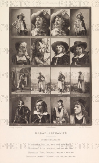 Sixteen portraits of actors, page, photomechanical print, From left to right: Monsieur Baillet, Paul Mounet and Albert Lambert., inscription: 'Comédie-Française', number: '4838A, 2077', photographer: Félix Nadar, Paris, cliché maker: Dujardin, France, printer (person): Charles Wittmann, c. 1884 - in or before 1894, printer (person), paper, photoaquatint, height 157 mm x width 110 mm, Person, Jean Mounet-Sully, portrait of actor, actress, A vertically oriented printed sheet displays a rectangular grid of portrait and full-length photographic images arranged in rows and columns, each image enclosed by a thin dark border. The top row shows four images of a man wearing a wide-brimmed hat with a feather and a ruffled collar, two of them close-up head portraits and two full-figure poses with the man standing and one hand on his hip. The next row features four head-and-shoulder portraits: a bearded older man in a hooded garment facing sideways, a man wearing a fur headdress and elaborate cost...