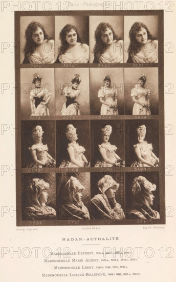 Sixteen portraits of actresses, page, photomechanical print, From left to right: Mademoiselle Patoret, Marie Albert, Mademoiselle Lhery and Mademoiselle Liebaux-Bellefond., number: '3824A, 3981B', photographer: Félix Nadar, Paris, cliché maker: Dujardin, France, printer (person): Charles Wittmann, c. 1884 - in or before 1894, printer (person), paper, photoaquatint, height 160 mm x width 111 mm, portrait of actor, actress, A sepia-toned sheet shows a grid of portrait photographs arranged in rows and columns within dark rectangular frames, each cell containing a different head-and-shoulders or waist-up image of women in vintage dress and period hairstyles or bonnets; the top row features a young woman with loose wavy hair and an off-the-shoulder bodice shown in several similar poses, the second row shows a woman wearing a decorative hat and a dress with a fitted corset in varying gestures, the third row depicts a woman in a high-necked dress with a tall feathery hat seen in seated three-...