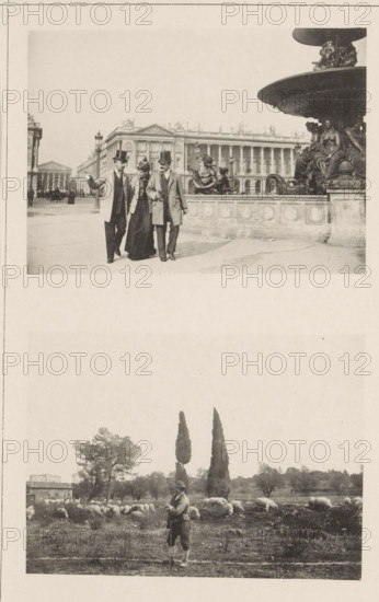 Proofs of the photosphere, Plate with two prints, above of two unknown men and an unknown woman by a fountain and below of an unknown man in a landscape with sheep, page, photomechanical print, maker: Brunner & Hauser, c. 1887 - in or before 1892, paper, collotype, photogravure, height 191 mm x width 121 mm, adult woman, adult man, sheep, ornamental fountain, A vertically oriented page with two sepia photographs, the top photograph showing an urban scene with a large ornate fountain on the right featuring sculpted figures, a broad stone balustrade with circular reliefs, and a grand neoclassical building with columns across the background; three well-dressed people in long coats and top hats walk near the fountain, with other pedestrians and distant architectural elements visible toward the left. The lower photograph shows a pastoral landscape with a person standing in the foreground wearing a hat and holding a staff, a flock of grazing sheep spread across the field behind them, two tal...