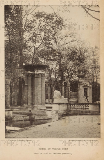 Ruins of a Greek temple in Lazienki Park, Ruines du temple grec - dans le parc de lazienki (varsovie), page, photomechanical print, maker: F. Bardet, maker: Jules Royer, c. 1889 - in or before 1894, paper, collotype, photoprint, height 169 mm x width 121 mm, ruin of a building, architecture, A sepia-toned photograph of classical stone ruins set among tall trees, showing columns, archways, and balustrades; a draped reclining sculpture rests on a raised pedestal near a stairway; a person stands at the base of the stairs facing the ruins, holding a walking stick; leafless and leafy branches form a backdrop above the architectural elements; worn stone steps and pathways lead through the scene, and a section of water with a small dock is visible in the foreground.