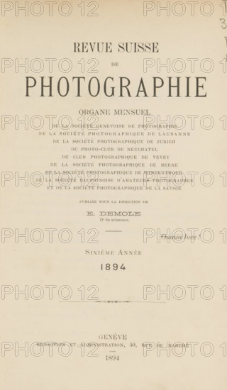 Revue suisse de photographie, Société genevoise de photographie ... et al., book, collector's mark: 'Dr. Frans de vos, 64 tot Rivierenlaan, 64, Deurne, ...', annotation: 'Je. van Severen, Ruysselede', number: '243', date: 'Nov 1994', editor (person who revises): Eugène Demole, 1894, Eugène Demole, editor (person who revises), biological material, paper, leather, printing, two-color autotype, collotype, photoaquatint, agate marbled paper, spanish marbled paper, height 230 mm x width 164mm x thickness 26mm, A vertically oriented aged paper page with a centered large title area near the top, multiple lines of fine printed lines and decorative separators, a prominent large word set in bold serif letters across the upper middle, smaller blocks of evenly spaced text lines below it, a narrow ornamental line and a small italic phrase positioned to the right of center, a midpage year set in bold digits, a thin horizontal decorative rule further down, and additional centered text and smaller dig...